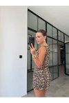 Leopar Mini Desenli Eskitme Keten Elbise