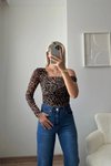 Leopar Omuz Dekolte Tek Kol Tül Bluz