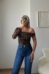 Leopar Omuz Dekolte Tek Kol Tül Bluz