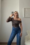Leopar Omuz Dekolte Tek Kol Tül Bluz