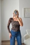 Leopar Omuz Dekolte Tek Kol Tül Bluz