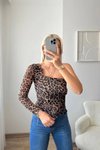Leopar Omuz Dekolte Tek Kol Tül Bluz