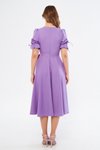 Leylak Midi Kruvaze Yaka Büzgülü Kısa Kol Kolları Lastikli Kuşaklı Abiye Elbise