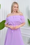 Lila Midi Carmen Yaka Astarlı Şifon Elbise