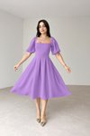 Lilac Midi Crepe Fabric Balloon Sleeve Pleated Square Neck Dress