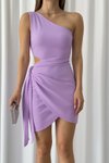 Lila Mini Tek Omuzlu Asimetrik Kesim Eteği Bağlamalı Krep Kumaş Elbise