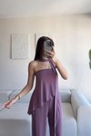 Lila Straplez Asimetrik Bluz Pantolon Fularlı İkili Takım