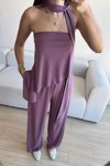 Lila Straplez Asimetrik Bluz Pantolon Fularlı İkili Takım
