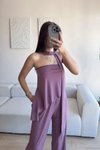 Lila Straplez Asimetrik Bluz Pantolon Fularlı İkili Takım