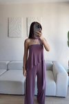 Lila Straplez Asimetrik Bluz Pantolon Fularlı İkili Takım