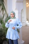 Mavi Beli Büzgülü Lastikli Kimono Tunik