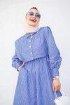 Mavi Cepken Detaylı Çizgi Desenli Pamuk Tesettür Elbise