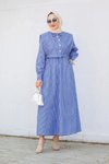 Mavi Cepken Detaylı Çizgi Desenli Pamuk Tesettür Elbise