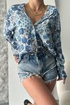 Mavi Çiçek Desen Vintage Oversize Gömlek