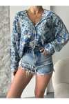 Mavi Çiçek Desen Vintage Oversize Gömlek