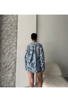Mavi Çiçek Desen Vintage Oversize Gömlek