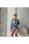 Mavi Çiçek Desen Vintage Oversize Gömlek