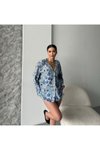 Mavi Çiçek Desen Vintage Oversize Gömlek