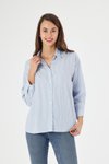 Mavi Çizgili Sırtı Düğme Detaylı Oversize Kalıp Dokuma Gömlek