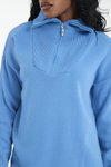 Mavi Fermuarlı Premium Oversize Triko Kazak