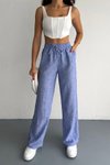 Mavi Keten Kumaş Beli Lastikli Rahat Kalıp Pantolon