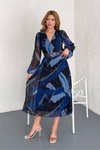 Mavi Midi Desenli Piliseli Şifon Kloş Elbise