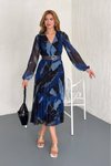 Mavi Midi Desenli Piliseli Şifon Kloş Elbise