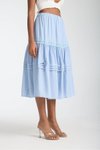 Mavi Midi Fisto Şeritli Bol Bel Lastikli Etek