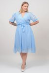 Mavi Midi Kruvaze Yaka Büyük Beden Kuşaklı Şifon Elbise