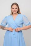 Mavi Midi Kruvaze Yaka Büyük Beden Kuşaklı Şifon Elbise
