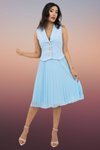 Blue Premium Pleated Midi Evening Dress with Jacket Collar and Gold Button Details
