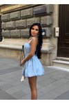 Mavi Mini Askılı Kare Yaka Balon Elbise