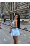 Mavi Mini Askılı Kare Yaka Balon Elbise