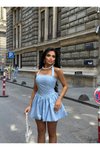 Mavi Mini Askılı Kare Yaka Balon Elbise