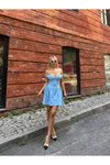 Mavi Mini Sırt Lastikli Düşük Omuz Prenses Elbise