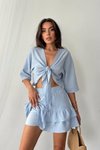 Mavi Önden Bağlamalı Keten Şortlu Etek İkili Takım