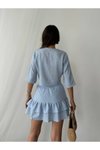 Mavi Önden Bağlamalı Keten  Şortlu Etek İkili Takım