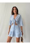 Mavi Önden Bağlamalı Keten Şortlu Etek İkili Takım