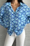 Mavi Oversize Saten Desenli Rahat Gömlek