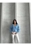 Mavi Oversize Saten Desenli Rahat Gömlek
