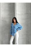 Mavi Oversize Saten Desenli Rahat Gömlek