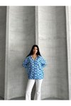 Mavi Oversize Saten Desenli Rahat Gömlek