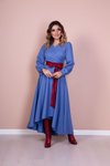 Mavi Uzun Bordo Deri Kemerli Kol Asimetrik Kesim Elbise