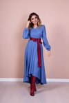 Mavi Uzun Bordo Deri Kemerli Kol Asimetrik Kesim Elbise