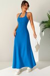 Blue Long Neck Halter Scuba Crepe Fabric Dress