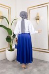 Mavi Uzun Deri Görünümlü Beli Lastikli Piliseli Etek