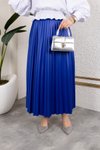 Mavi Uzun Deri Görünümlü Beli Lastikli Piliseli Etek