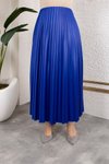 Mavi Uzun Deri Görünümlü Beli Lastikli Piliseli Etek