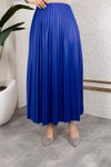 Mavi Uzun Deri Görünümlü Beli Lastikli Piliseli Etek