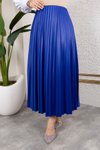 Mavi Uzun Deri Görünümlü Beli Lastikli Piliseli Etek